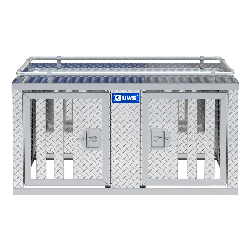 UWS 48" x 48" Double-Door Dog Box straight-on front view showing the lid seam and the locking handle