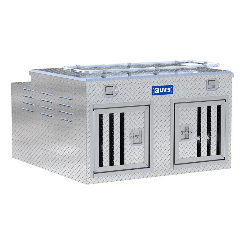 UWS 48" x 48.25" Enclosed Double-Door Dog Box in bright aluminum, front three-quarter studio view with the lid closed