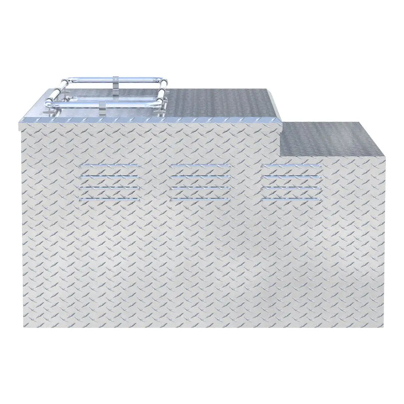 UWS 48" x 48.25" Enclosed Double-Door Dog Box end view showing the lid overhang and the depth of the tub