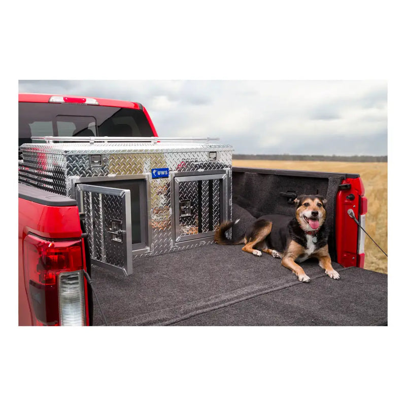 UWS 48" x 48.25" Enclosed Double-Door Dog Box in use