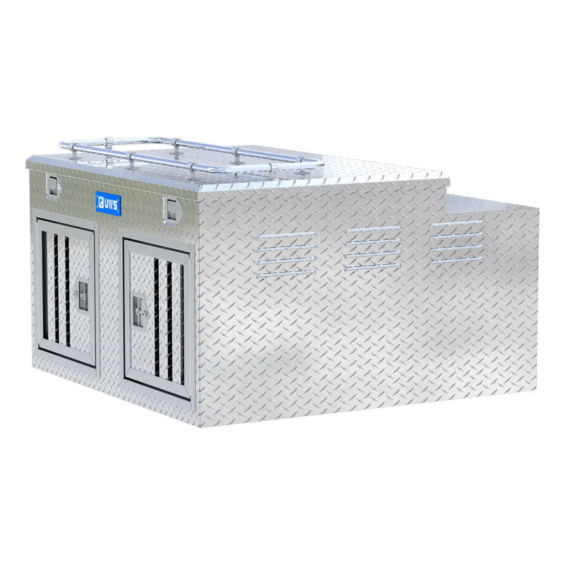 UWS 48" x 48.25" Enclosed Double-Door Dog Box rear three-quarter view showing the back panel and tub profile