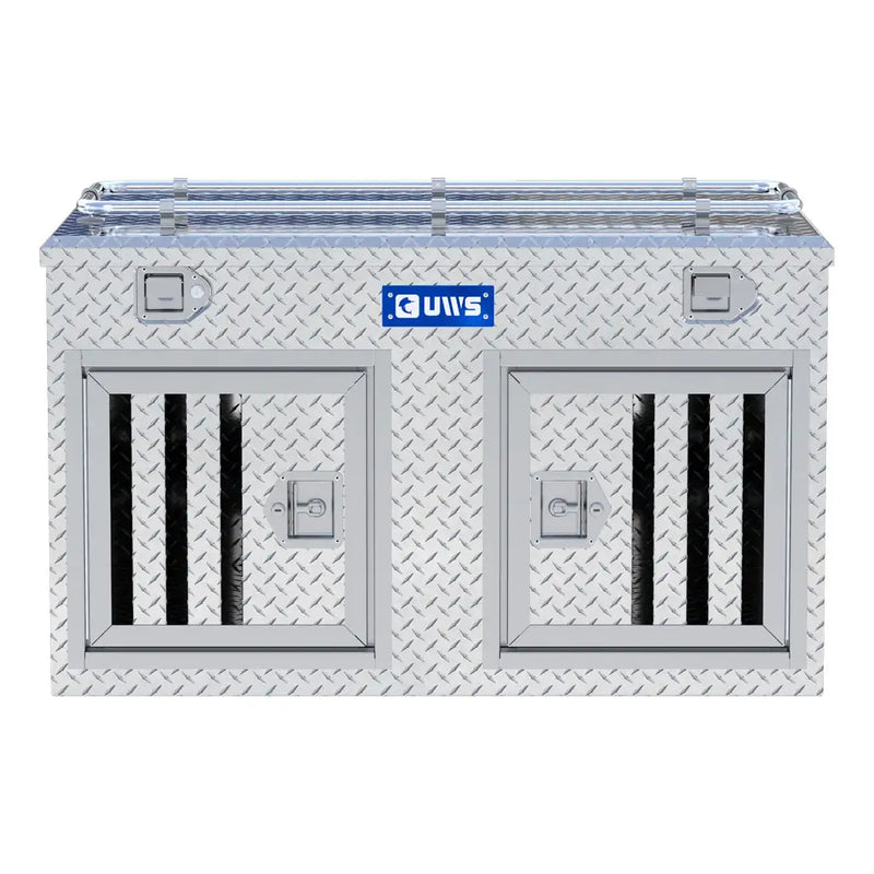 UWS 48" x 48.25" Enclosed Double-Door Dog Box straight-on front view showing the lid seam and the locking handle