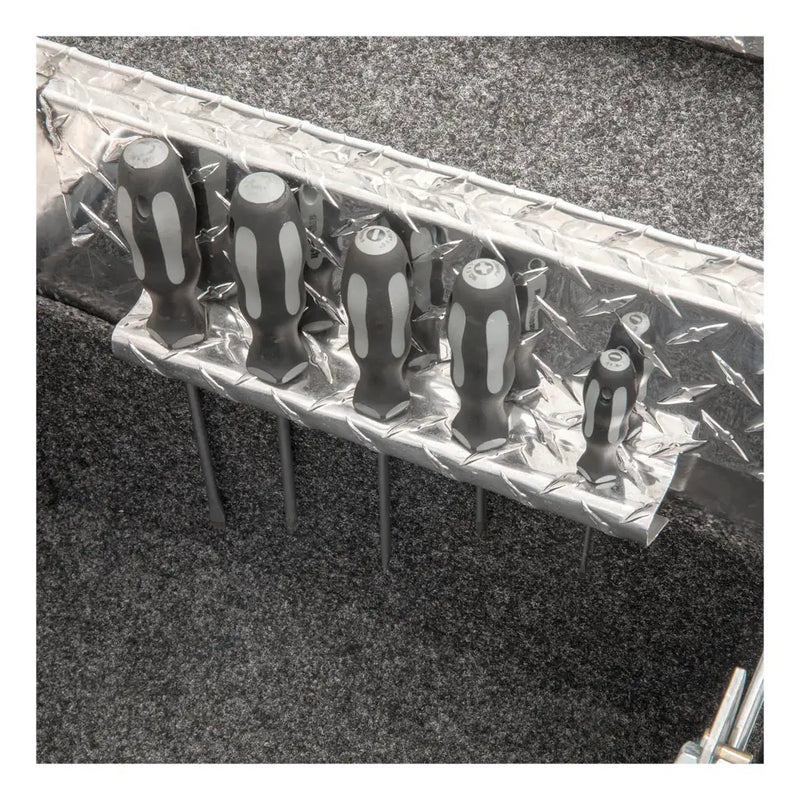 UWS EC10001 69" truck tool box in bright aluminum, built-in screwdriver holders on the interior rail