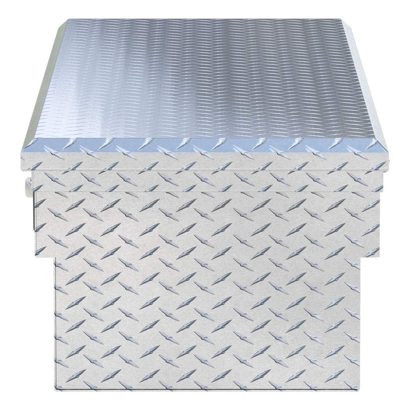 UWS EC10001 69" truck tool box in bright aluminum, end elevation showing box depth and lid overhang