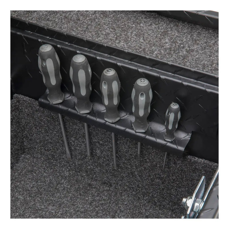 UWS EC10013 69" truck tool box in matte black powder coat, built-in screwdriver holders on the interior rail
