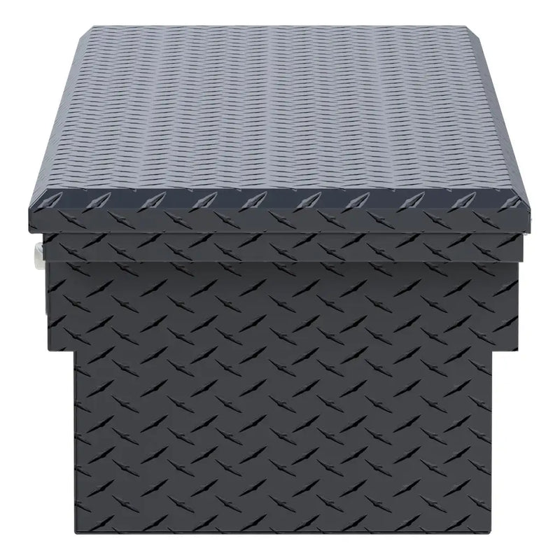 UWS EC10013 69" truck tool box in matte black powder coat, end elevation showing box depth and lid overhang