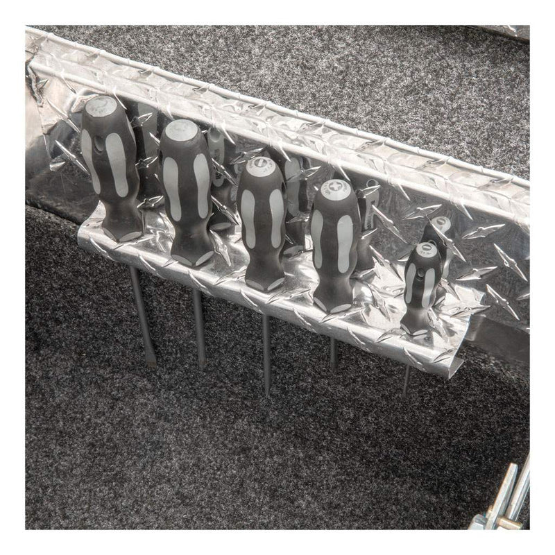 UWS EC10021 72" truck tool box in bright aluminum, built-in screwdriver holders on the interior rail