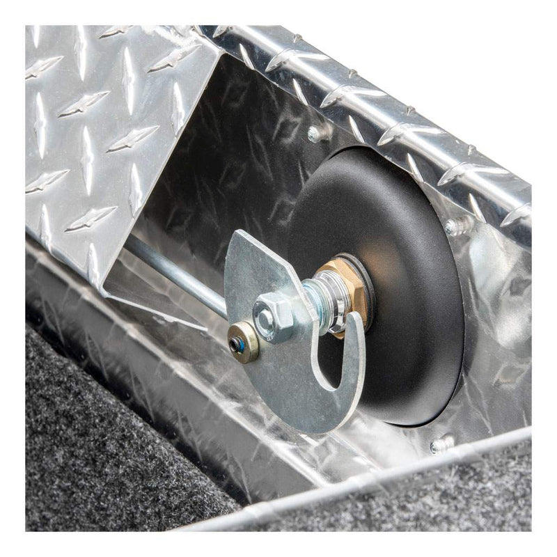 UWS EC10021 72" truck tool box in bright aluminum, close-up of the latch mechanism
