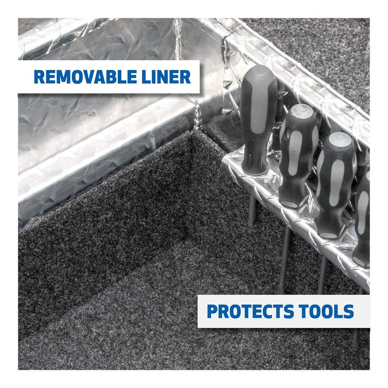 UWS EC10021 72" truck tool box in bright aluminum, UWS graphic for the removable liner