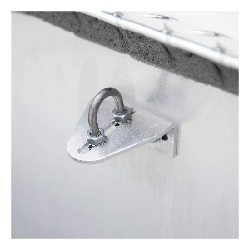 UWS EC10021 72" truck tool box in bright aluminum, close-up of the self-opening lid strut anchor inside the tub