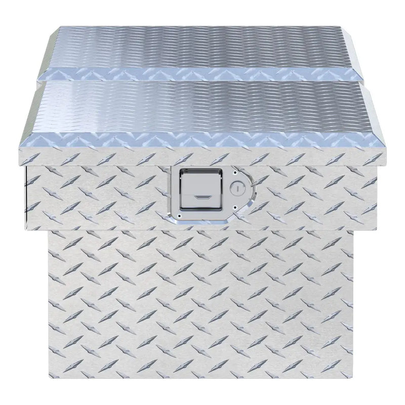 UWS EC10041 60" truck tool box in bright aluminum, end elevation showing box depth and lid overhang