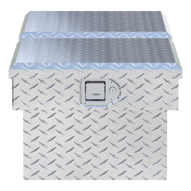 UWS EC10051 63" truck tool box in bright aluminum, end elevation showing box depth and lid overhang