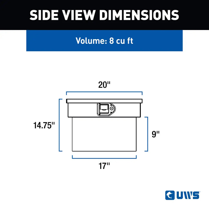UWS EC10051 63" truck tool box in bright aluminum, side-view dimension drawing