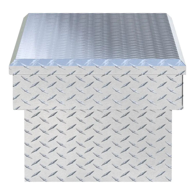UWS EC10081 54" truck tool box in bright aluminum, end elevation showing box depth and lid overhang