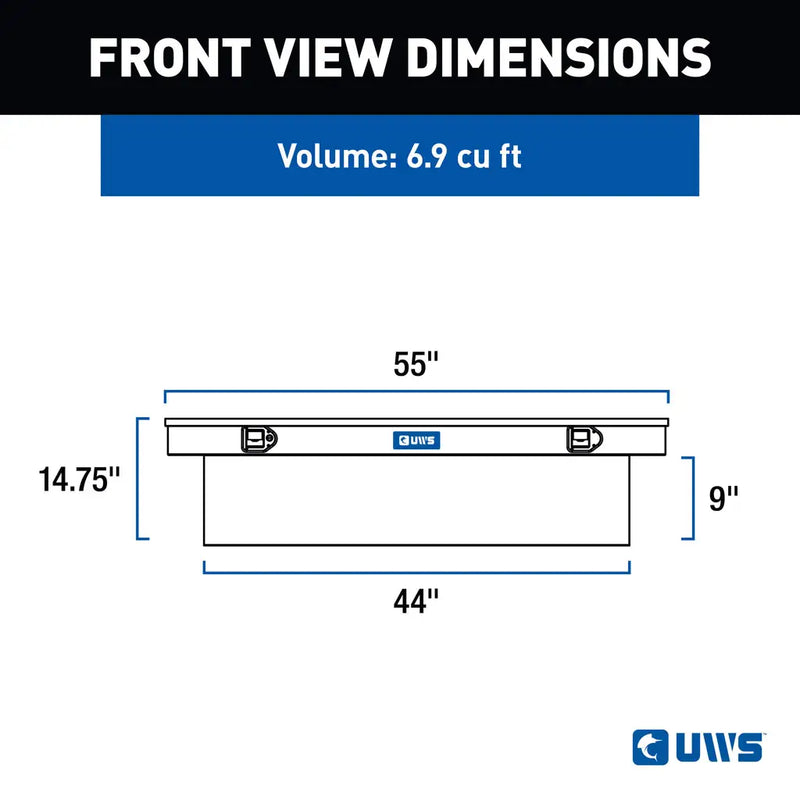 UWS EC10081 54" truck tool box in bright aluminum, front-view dimension drawing