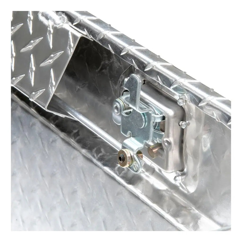 UWS EC10081 54" truck tool box in bright aluminum, close-up of the latch mechanism