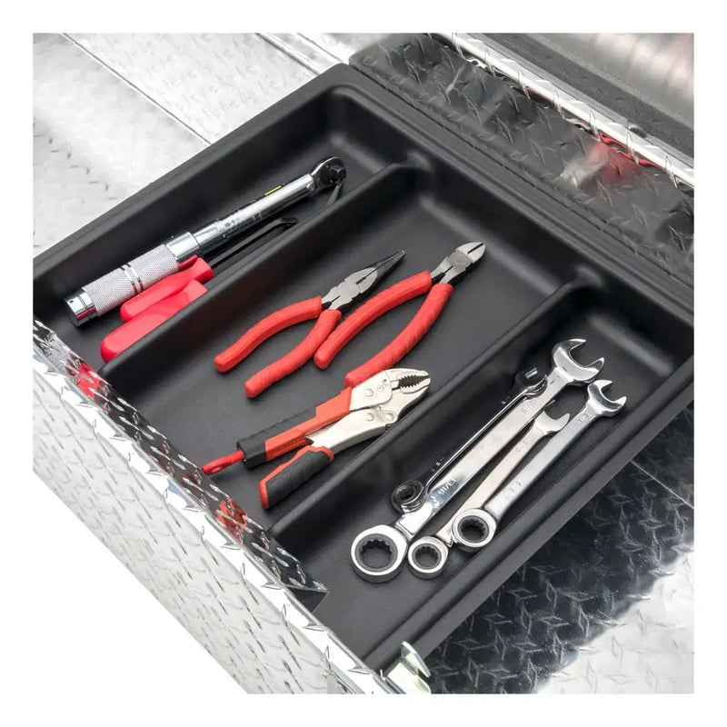 UWS EC10081 54" truck tool box in bright aluminum, removable sliding tool tray fitted in the box