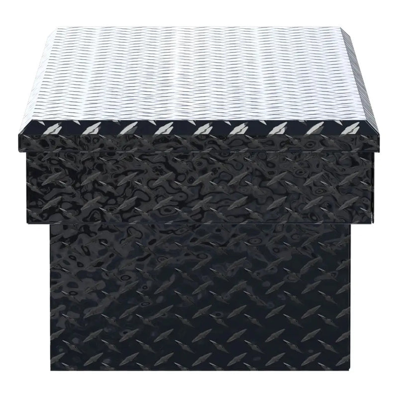 UWS EC10092 54" truck tool box in gloss black powder coat, end elevation showing box depth and lid overhang