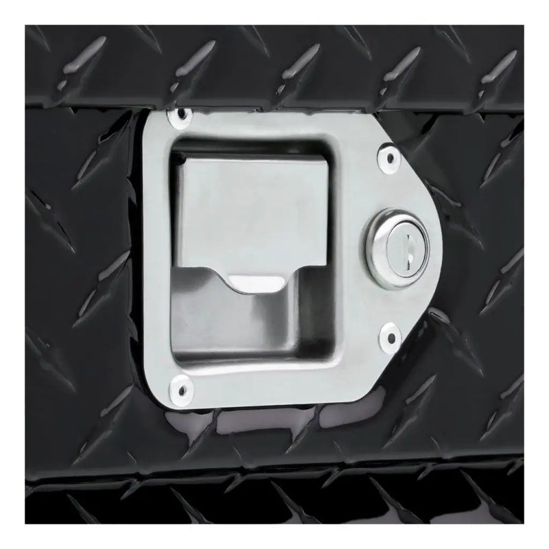 UWS EC10092 54" truck tool box in gloss black powder coat, close-up of the stainless steel paddle latch with keyed lock
