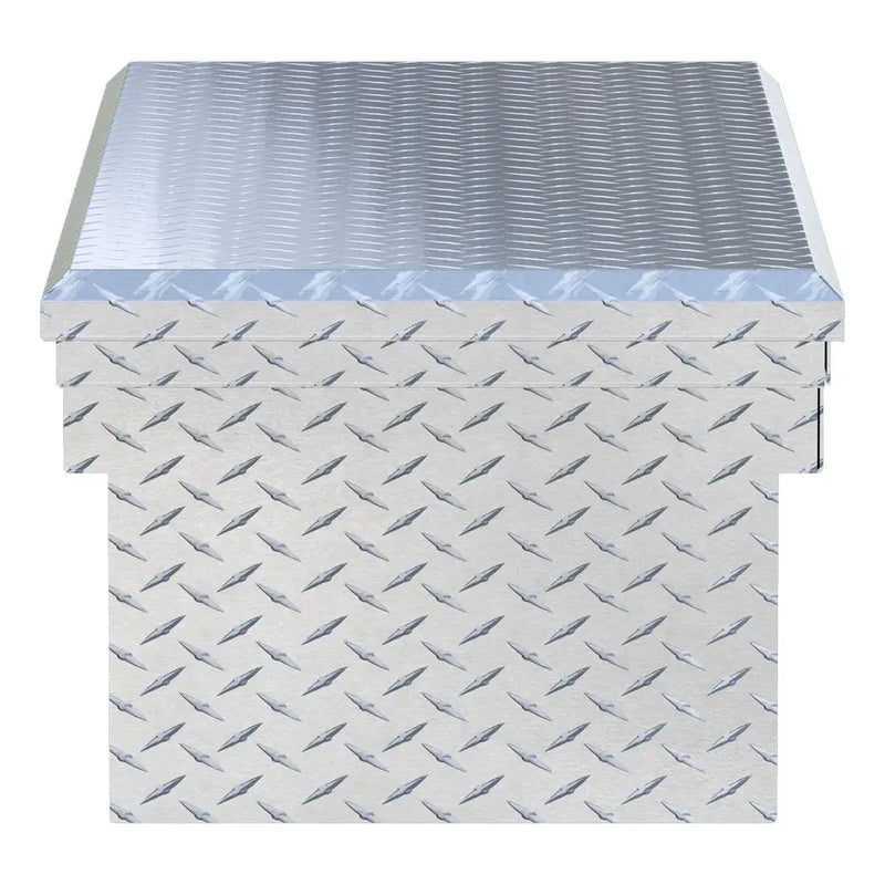 UWS EC10101 54" truck tool box in bright aluminum, end elevation showing box depth and lid overhang