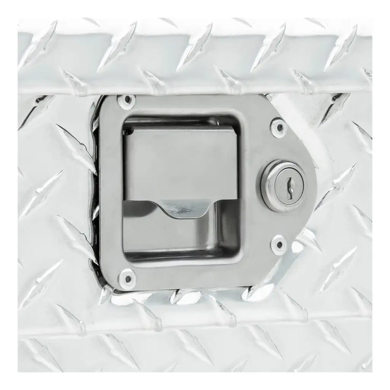 UWS EC10101 54" truck tool box in bright aluminum, close-up of the stainless steel paddle latch with keyed lock