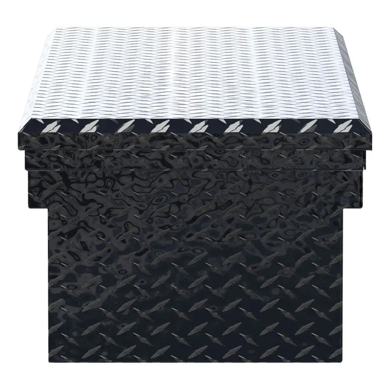 UWS EC10112 54" truck tool box in gloss black powder coat, end elevation showing box depth and lid overhang