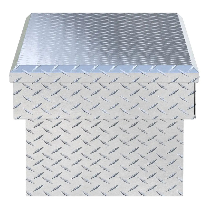 UWS EC10141 58" truck tool box in bright aluminum, end elevation showing box depth and lid overhang