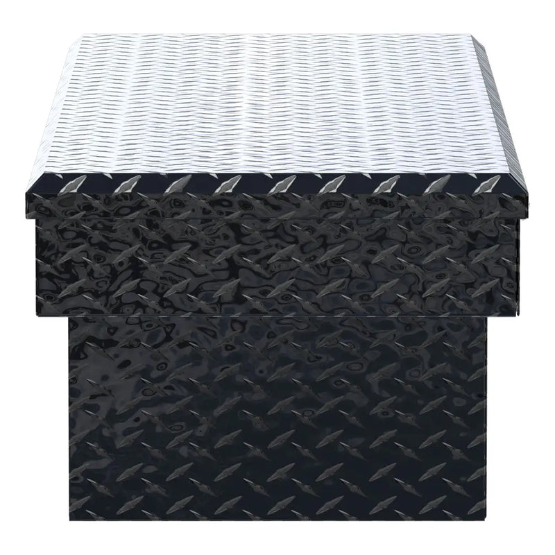 UWS EC10152 58" truck tool box in gloss black powder coat, end elevation showing box depth and lid overhang