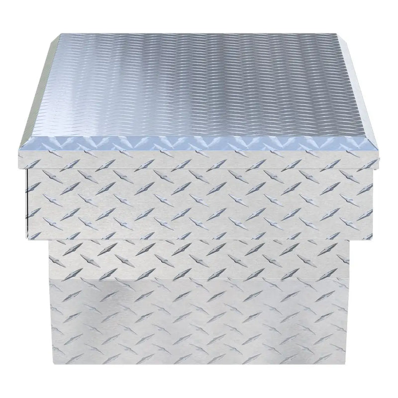 UWS EC10171 60" truck tool box in bright aluminum, end elevation showing box depth and lid overhang