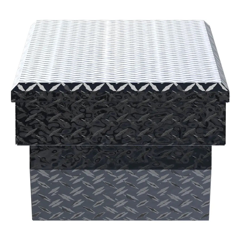 UWS EC10182 60" truck tool box in gloss black powder coat, end elevation showing box depth and lid overhang