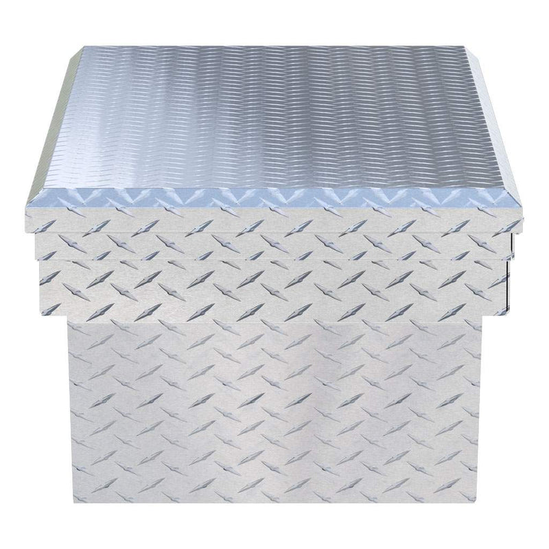 UWS EC10191 60" truck tool box in bright aluminum, end elevation showing box depth and lid overhang