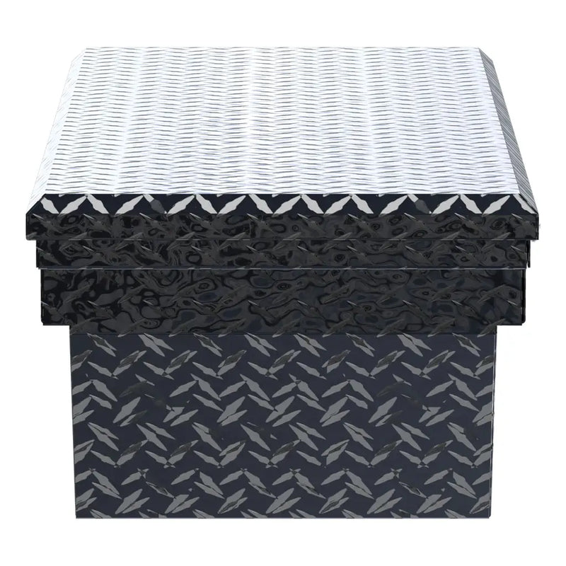 UWS EC10202 60" truck tool box in gloss black powder coat, end elevation showing box depth and lid overhang
