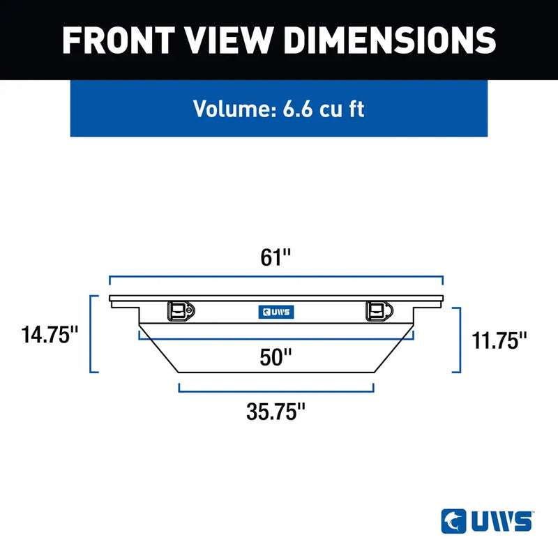 UWS EC10202 60" truck tool box in gloss black powder coat, front-view dimension drawing