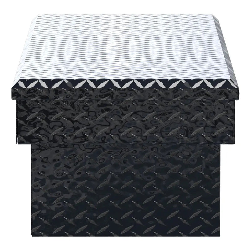 UWS EC10212 60" truck tool box in gloss black powder coat, end elevation showing box depth and lid overhang