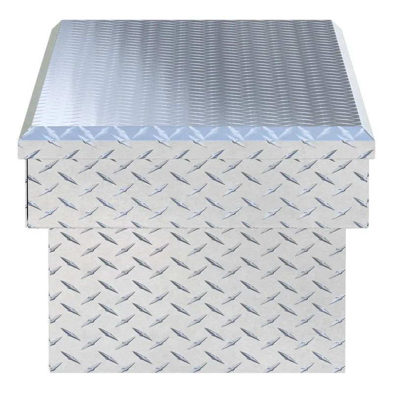 UWS EC10261 63" truck tool box in bright aluminum, end elevation showing box depth and lid overhang