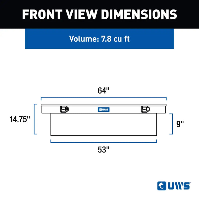 UWS EC10261 63" truck tool box in bright aluminum, front-view dimension drawing