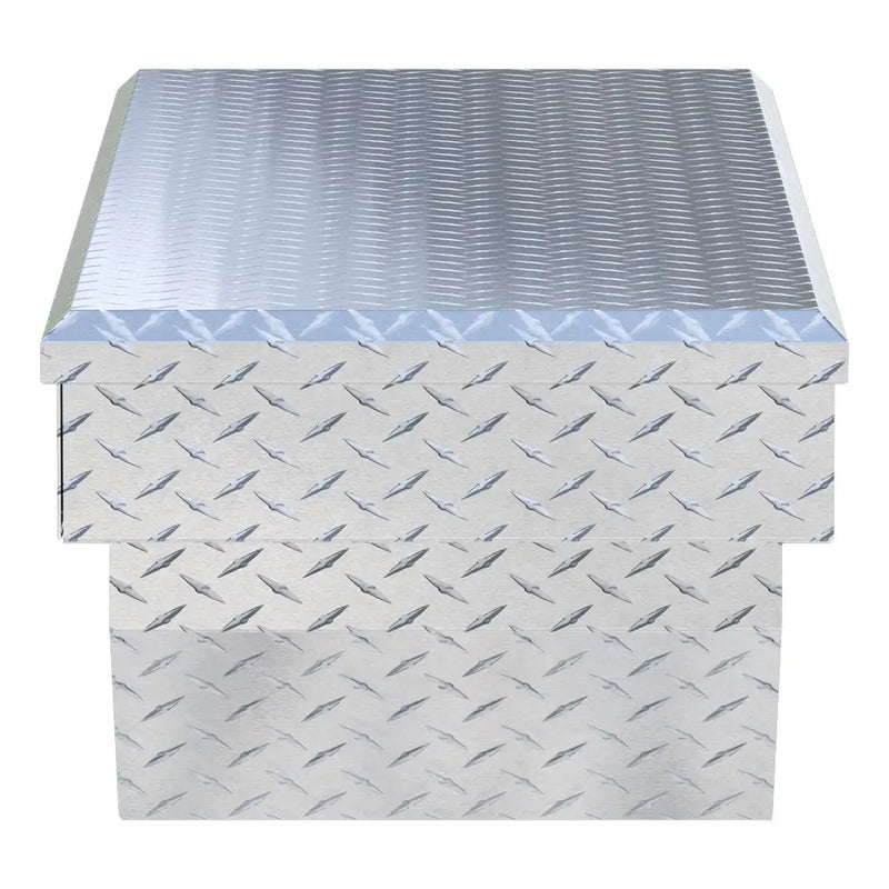 UWS EC10271 63" truck tool box in bright aluminum, end elevation showing box depth and lid overhang