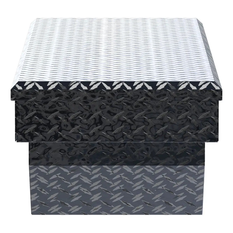 UWS EC10282 63" truck tool box in gloss black powder coat, end elevation showing box depth and lid overhang