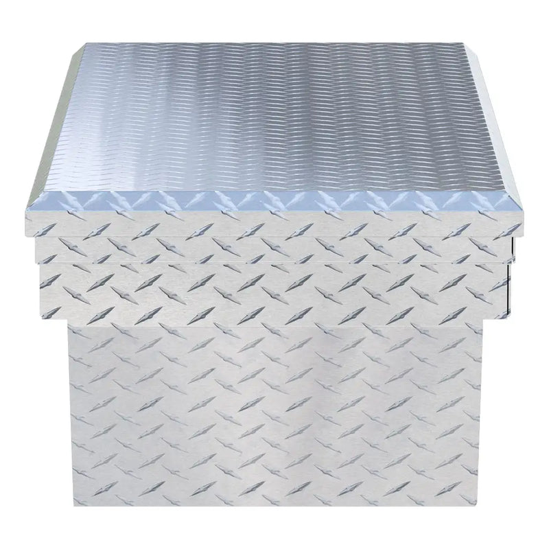 UWS EC10291 63" truck tool box in bright aluminum, end elevation showing box depth and lid overhang