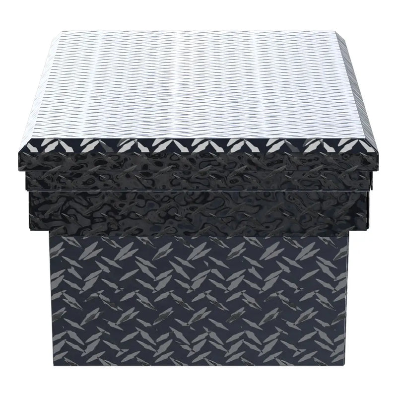 UWS EC10302 63" truck tool box in gloss black powder coat, end elevation showing box depth and lid overhang