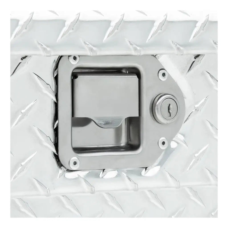 UWS EC10311 63" truck tool box in bright aluminum, close-up of the stainless steel paddle latch with keyed lock