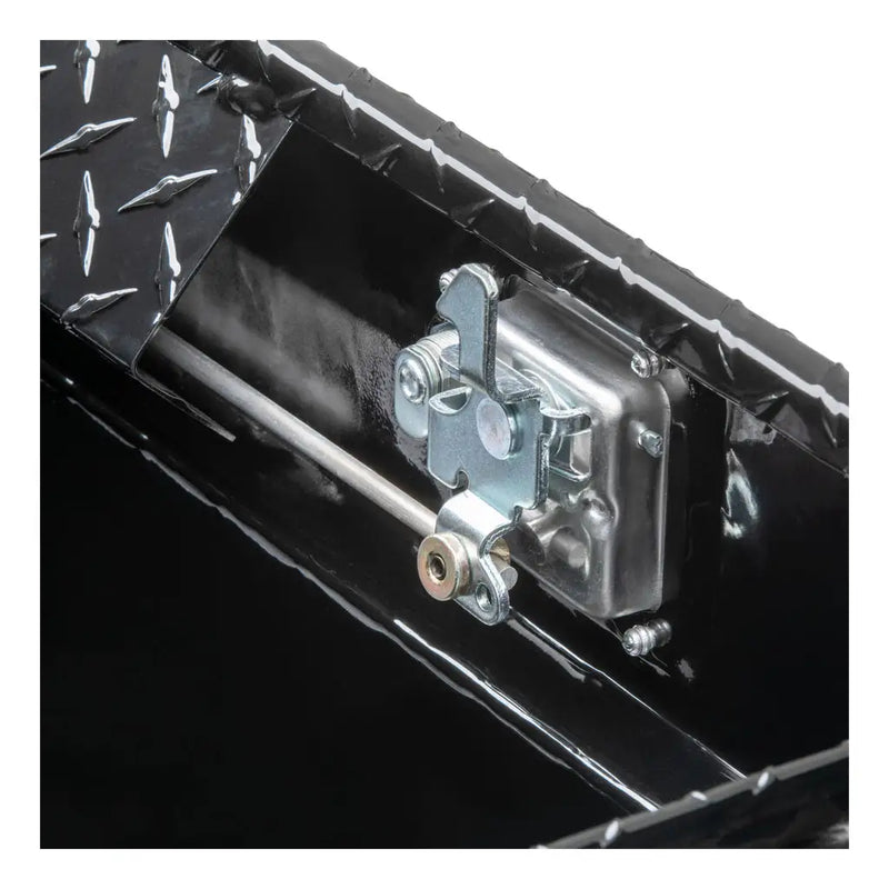UWS EC10312 63" truck tool box in gloss black powder coat, close-up of the latch mechanism