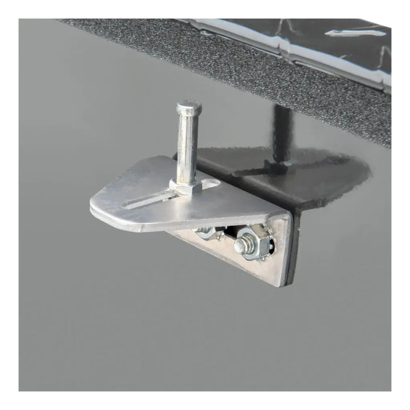UWS EC10312 63" truck tool box in gloss black powder coat, close-up of the self-opening lid strut anchor inside the tub