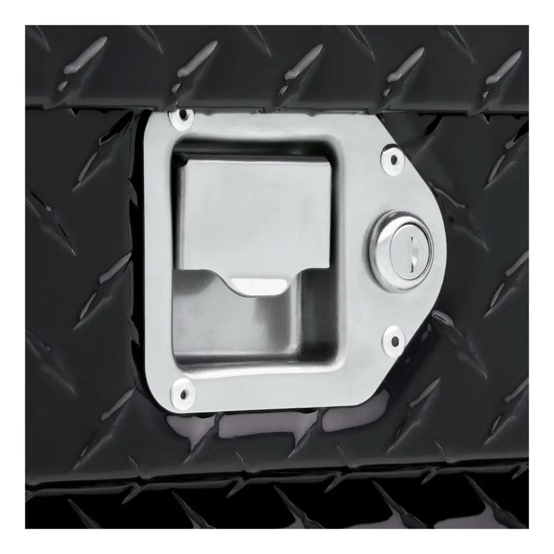 UWS EC10312 63" truck tool box in gloss black powder coat, close-up of the stainless steel paddle latch with keyed lock