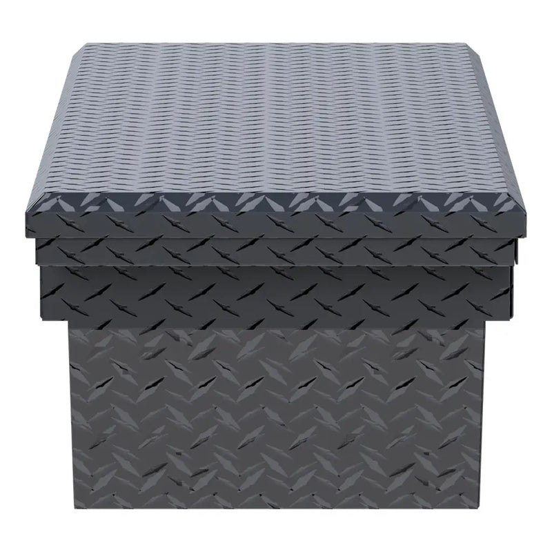 UWS EC10313 63" truck tool box in matte black powder coat, end elevation showing box depth and lid overhang