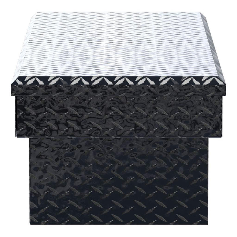 UWS EC10322 63" truck tool box in gloss black powder coat, end elevation showing box depth and lid overhang