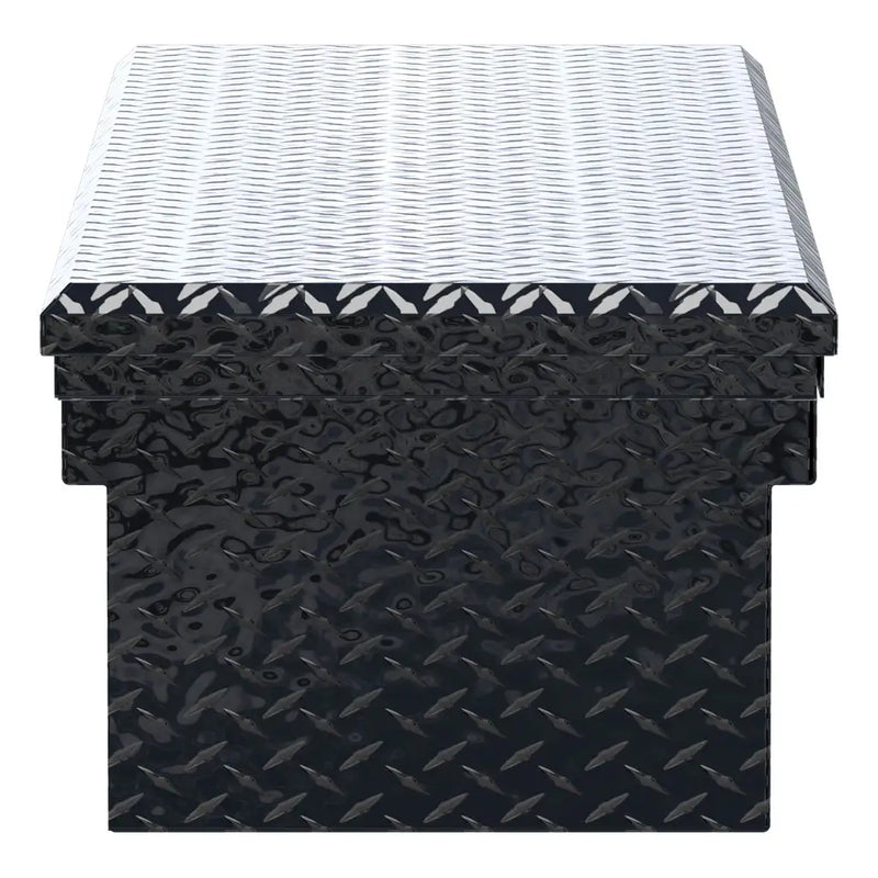 UWS EC10342 63" truck tool box in gloss black powder coat, end elevation showing box depth and lid overhang