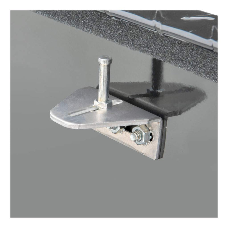 UWS EC10362 63" truck tool box in gloss black powder coat, close-up of the self-opening lid strut anchor inside the tub