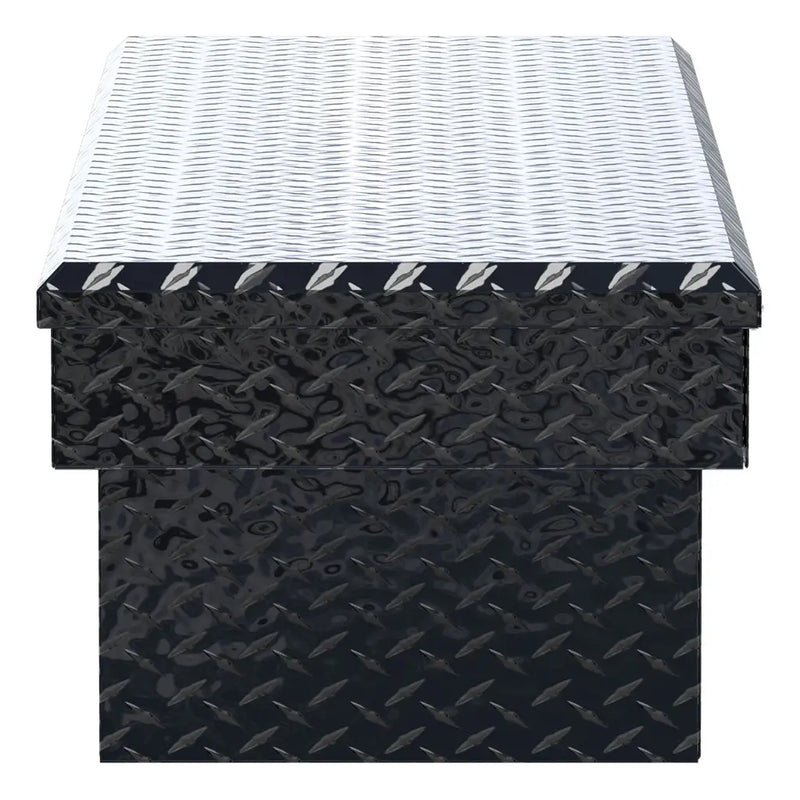 UWS EC10382 66" truck tool box in gloss black powder coat, end elevation showing box depth and lid overhang