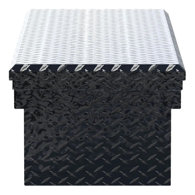 UWS EC10402 66" truck tool box in gloss black powder coat, end elevation showing box depth and lid overhang